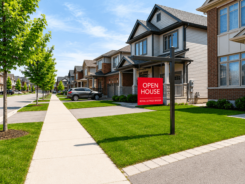 An open house guide sign placed on a grassy lawn in front of modern suburban homes, offering resources for a first time home buyer.