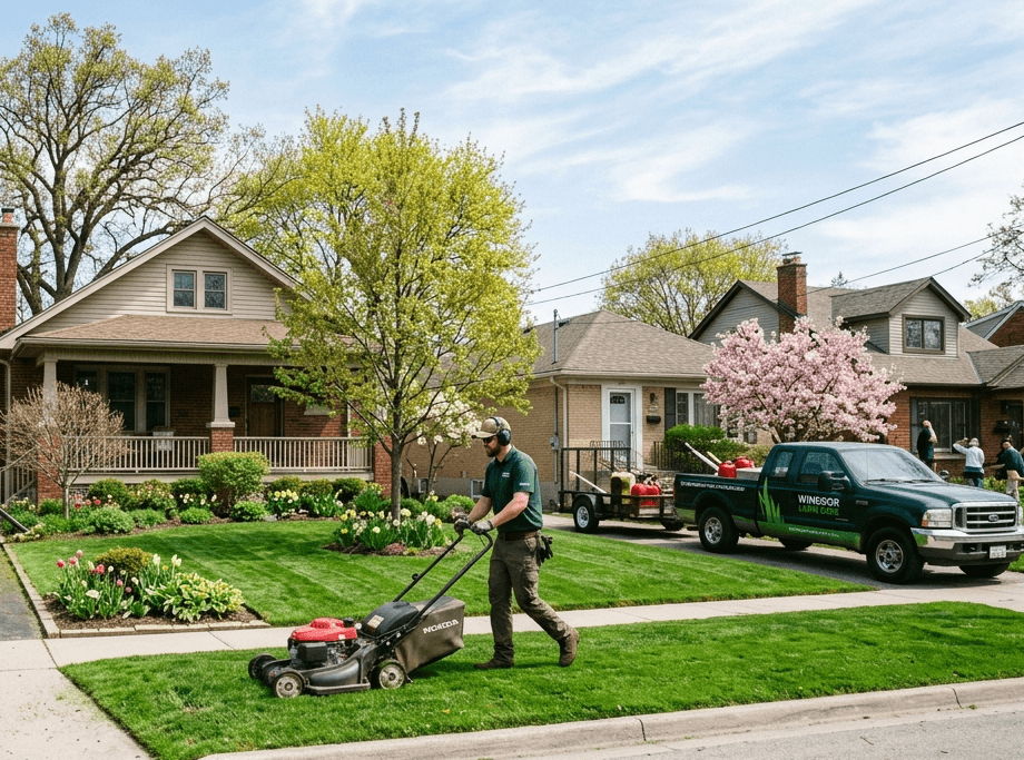 A homeowner checking off tasks on a comprehensive spring home maintenance checklist while inspecting a beautiful Windsor-Essex property.