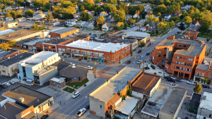Aerial view of downtown Kingsville, showing brick commercial buildings, intersecting streets, and surrounding residential neighbourhoods.