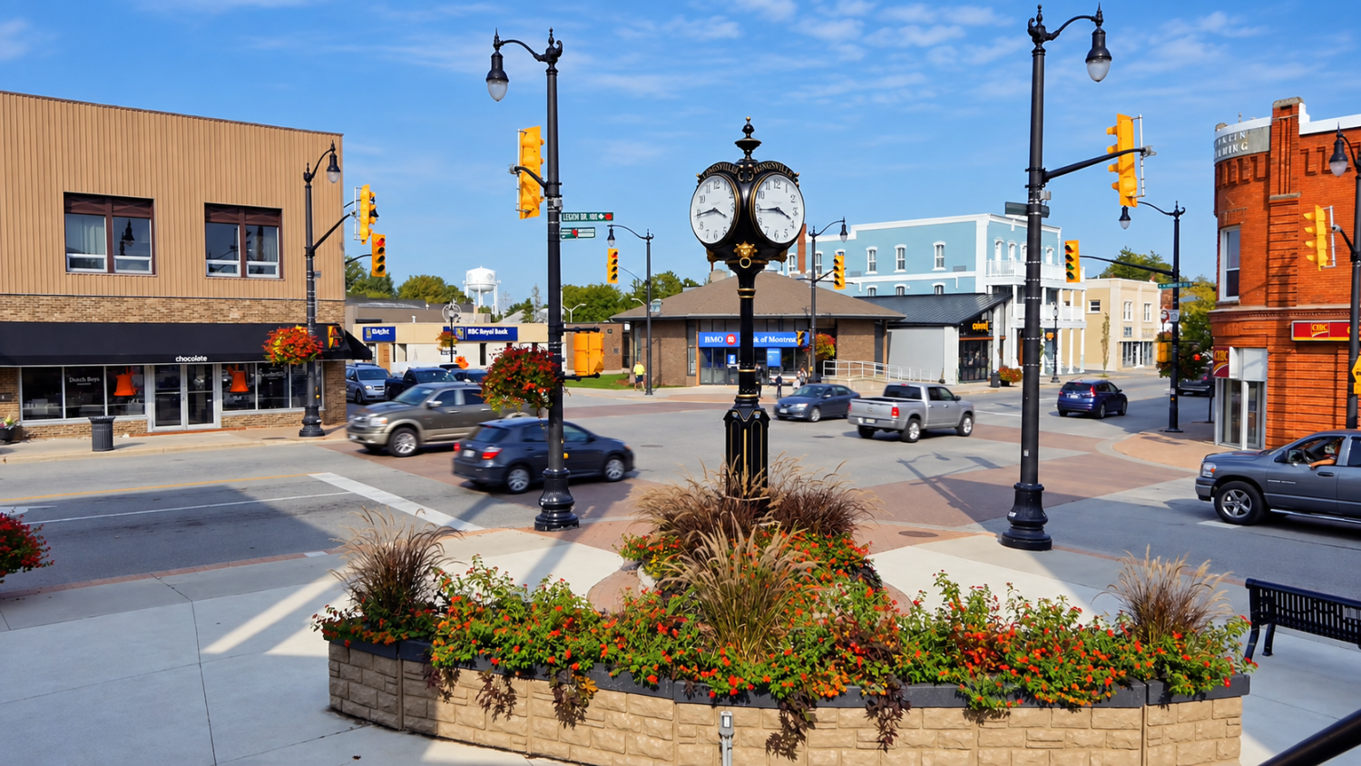 Decorative Kingsville town clock above a flower-filled planter, with storefronts, street lamps, and traffic at the downtown intersection.